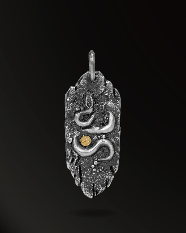 Fossil Horn Snake Amulet in 925 Silver+18K Gold