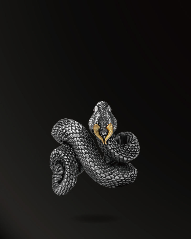 Scaly–Skinned Horn snakes Ring in 925 Silver+18K Gold